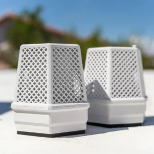 Two white BuzzBox mosquito control units with lattice design, placed outdoors on a bright surface with a blurred house and trees in the background under a blue sky.
