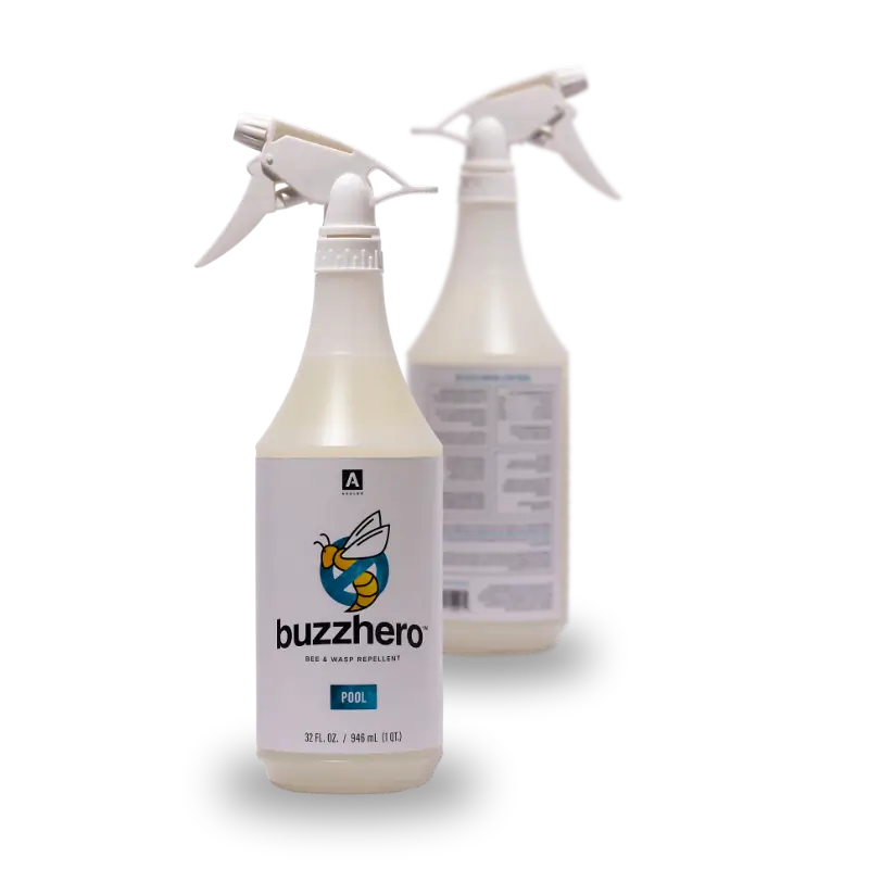 Two bottles of BuzzHero bee and wasp repellent, with one showing the front label and the other the back label.