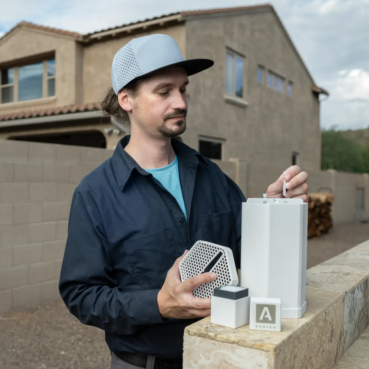 Person assembling or demonstrating a set of white mosquito control devices from Aculeo, including a hexagonal cover, a tall unit, and branded components, placed on a concrete surface outdoors.