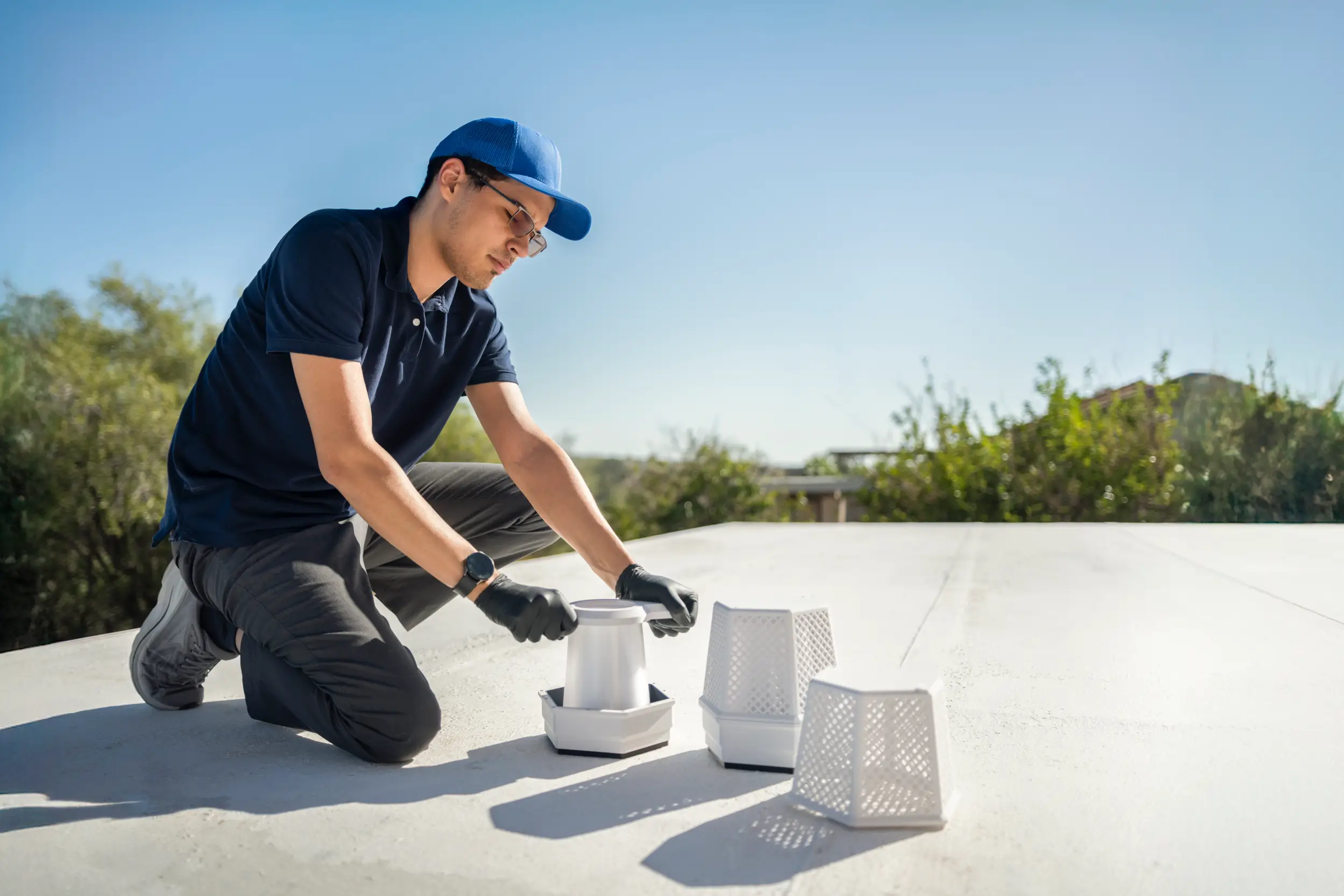 Technician in a blue cap and gloves installing white BuzzBox devices on a flat rooftop under a clear sky.